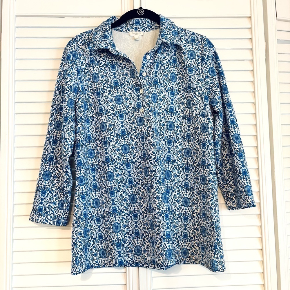 Talbots Blue and White Patterned Collared 3/4 Sleeve Blouse Top Size Medium M
